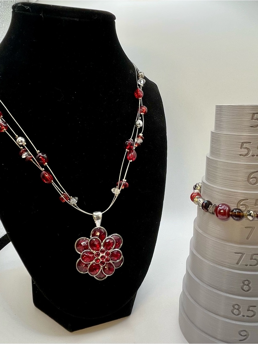 Red Flower Pendant Necklace & Earrings Set - Women Jewelry - Picture 9 of 9